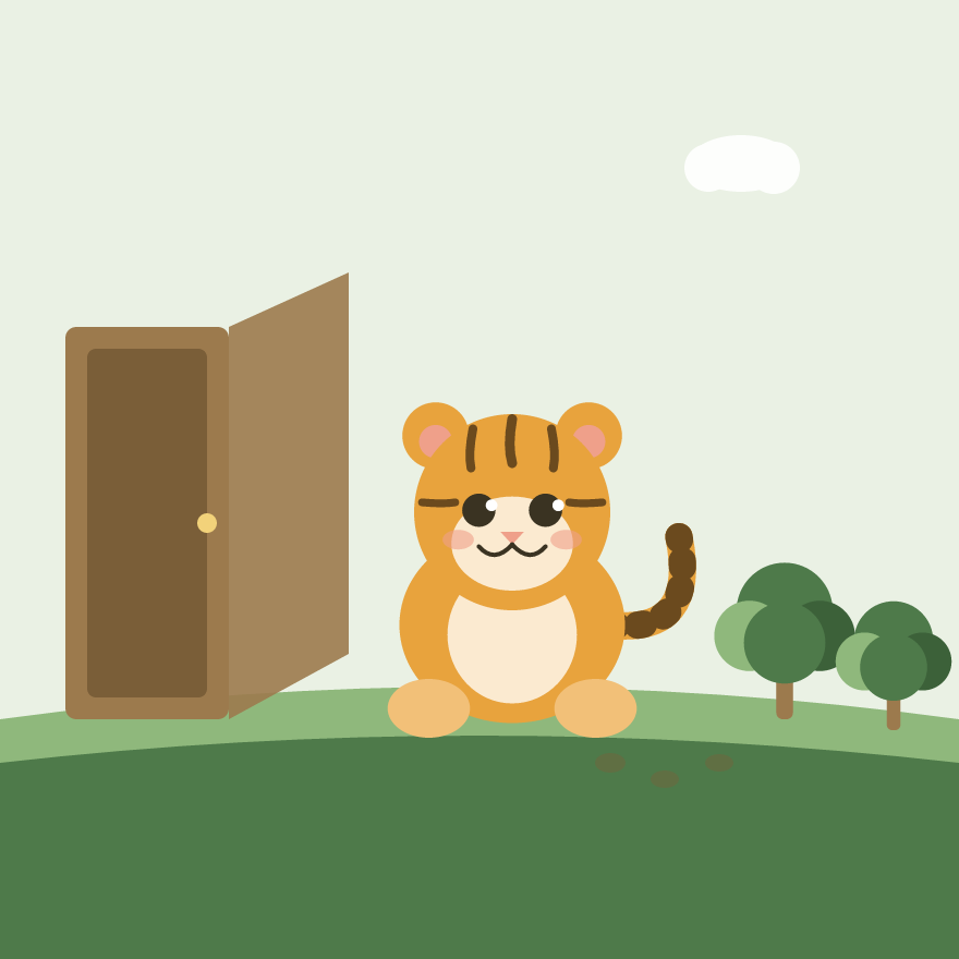 The door opens. Bobo walks towards the forest.